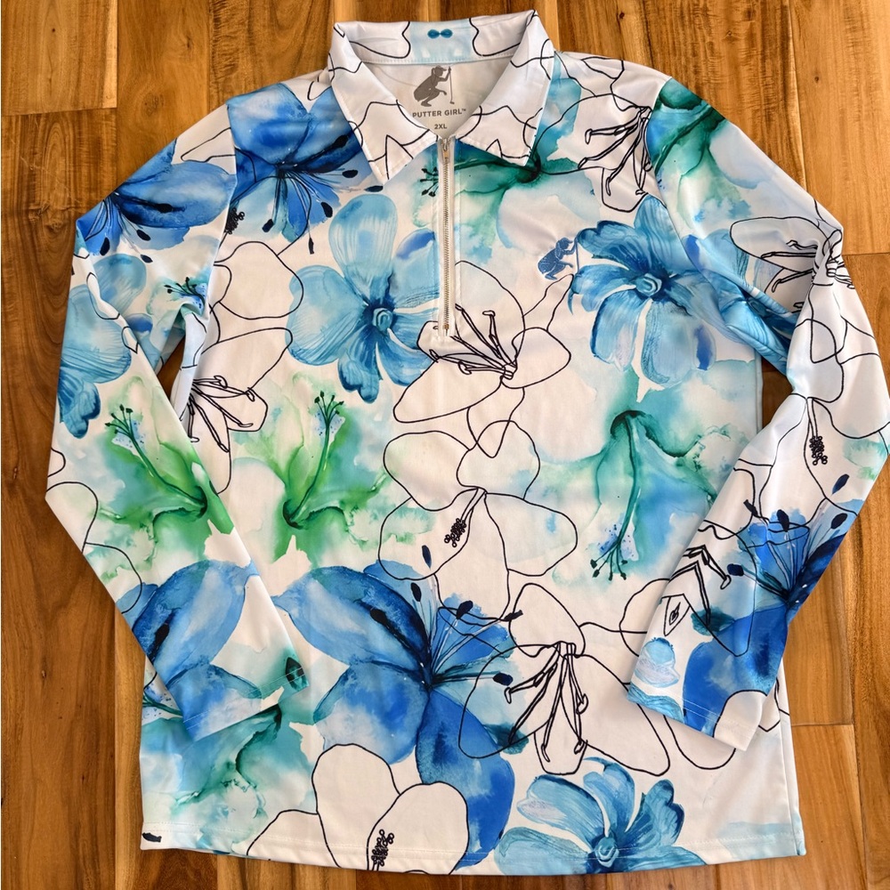 Putter Girl Floral Long Sleeve‎ Top in Blue and Green. Size 2XL